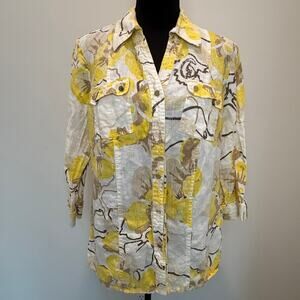 JM Collection 100% Linen Button Down Shirt Women's Size 8 Yellow Floral Print